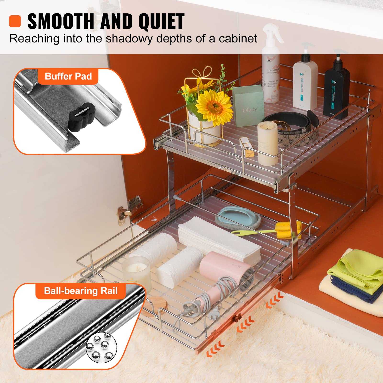 Vevor 2 Tier 16''W X 21''D Pull Out Cabinet Organizer, Heavy Duty Slide Out Pantry Shelves, Chrome-Plated Steel Roll Out Drawers